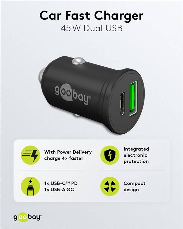 150x Goobay 61739 Dual-USB Auto-Schnellladegerät USB-C™ PD (Power Delivery) (45 W), Schwarz - 45 W (12/24 V), geeignet für Geräte mit USB-C™ (P