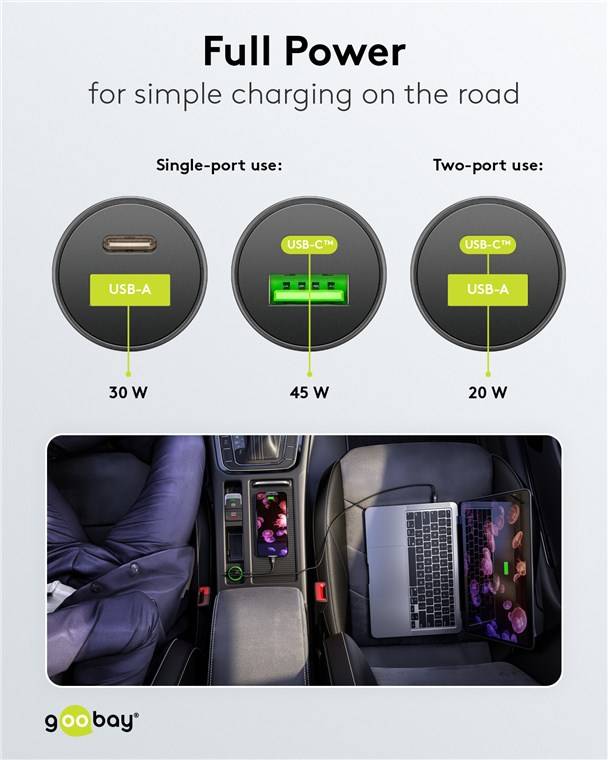 Goobay 61739 Dual-USB Auto-Schnellladegerät USB-C™ PD (Power Delivery) (45 W), Schwarz - 45 W (12/24 V), geeignet für Geräte mit USB-C™ (Power