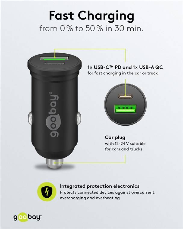 150x Goobay 61739 Dual-USB Auto-Schnellladegerät USB-C™ PD (Power Delivery) (45 W), Schwarz - 45 W (12/24 V), geeignet für Geräte mit USB-C™ (P