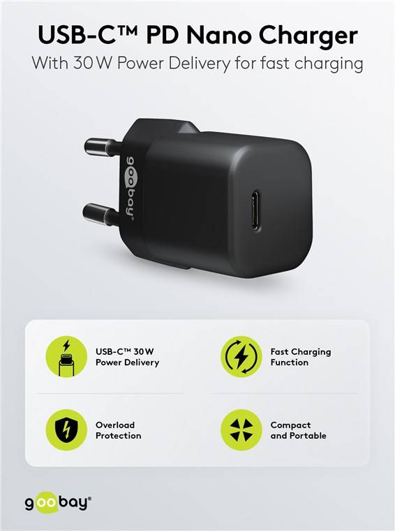 100x Goobay 59715 USB-C™ PD GaN Schnellladegerät Nano (30 W) schwarz, Schwarz - 1x USB-C™-Anschluss (Power Delivery)