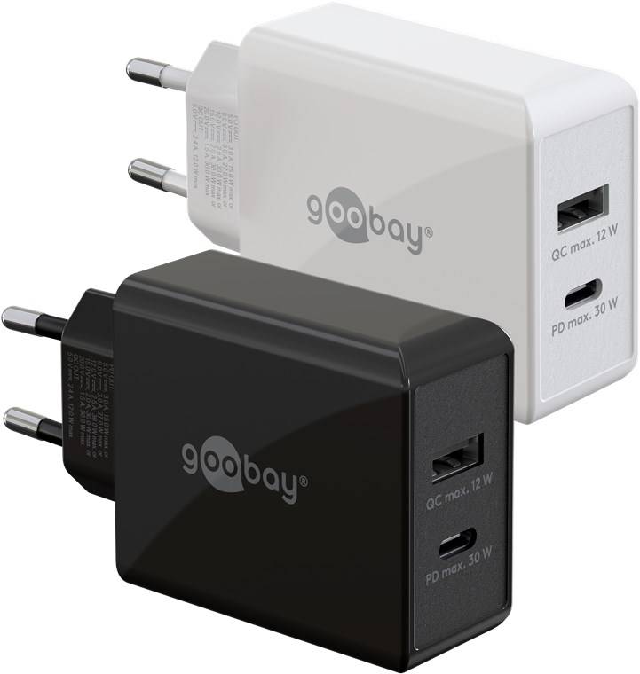 Goobay 61674 USB-C™ PD Dual-Schnellladegerät (30 W) weiß, Weiß - 1x USB-C™-Anschluss (Power Delivery) und 1x USB-A-Anschluss