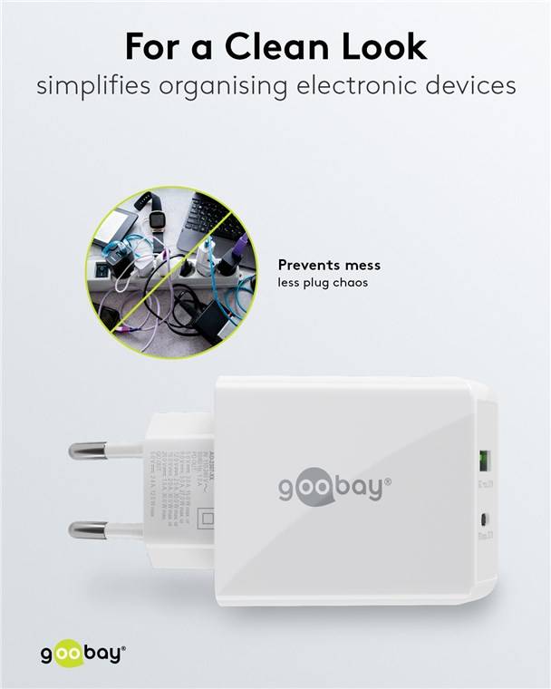 Goobay 61674 USB-C™ PD Dual-Schnellladegerät (30 W) weiß, Weiß - 1x USB-C™-Anschluss (Power Delivery) und 1x USB-A-Anschluss