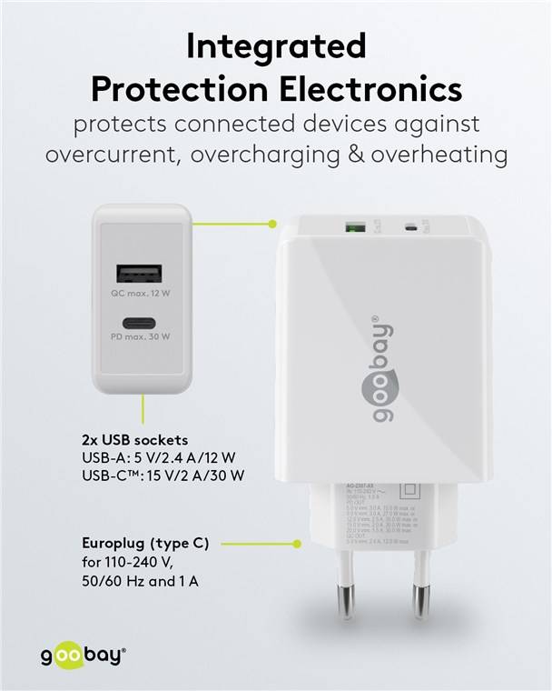 Goobay 61674 USB-C™ PD Dual-Schnellladegerät (30 W) weiß, Weiß - 1x USB-C™-Anschluss (Power Delivery) und 1x USB-A-Anschluss