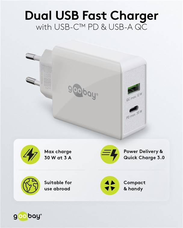 Goobay 61674 USB-C™ PD Dual-Schnellladegerät (30 W) weiß, Weiß - 1x USB-C™-Anschluss (Power Delivery) und 1x USB-A-Anschluss