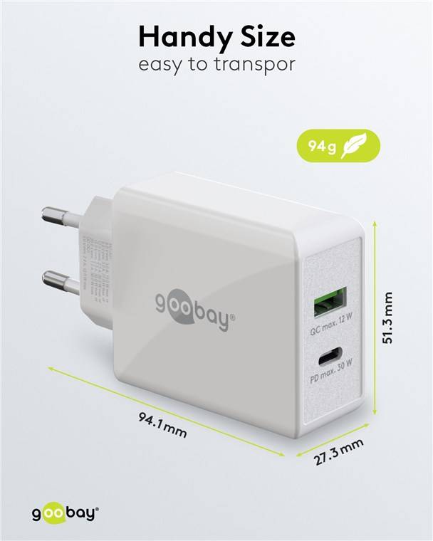 Goobay 61674 USB-C™ PD Dual-Schnellladegerät (30 W) weiß, Weiß - 1x USB-C™-Anschluss (Power Delivery) und 1x USB-A-Anschluss