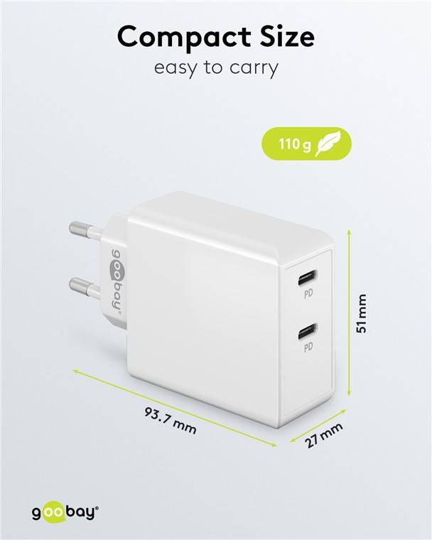 Goobay 61758 USB-C™ PD Dual-Schnellladegerät (36 W) weiß, weiß - 2x USB-C™-Anschlüsse (Power Delivery)