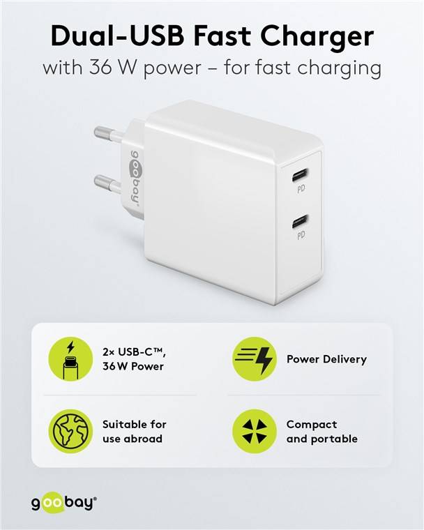 Goobay 61758 USB-C™ PD Dual-Schnellladegerät (36 W) weiß, weiß - 2x USB-C™-Anschlüsse (Power Delivery)