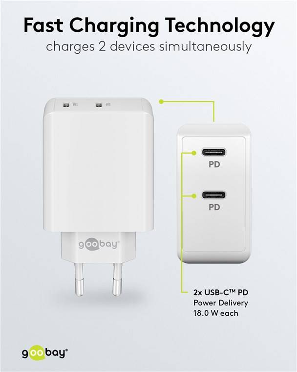 Goobay 61758 USB-C™ PD Dual-Schnellladegerät (36 W) weiß, weiß - 2x USB-C™-Anschlüsse (Power Delivery)