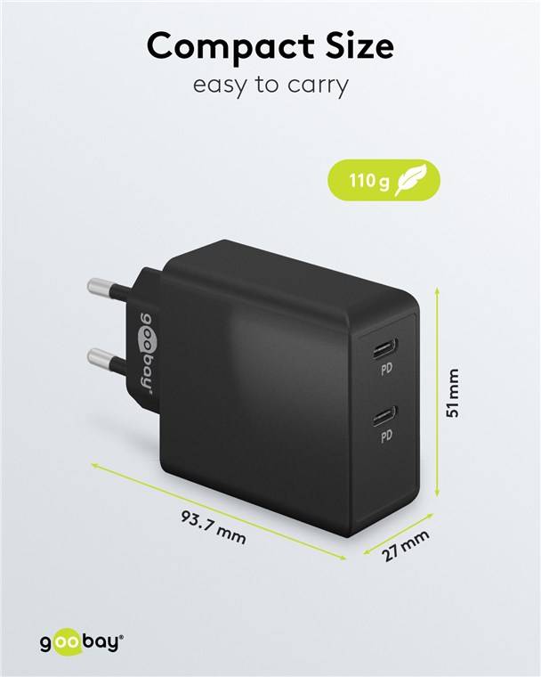 50x Goobay 61757 USB-C™ PD Dual-Schnellladegerät (36 W) schwarz, schwarz - 2x USB-C™-Anschlüsse (Power Delivery)
