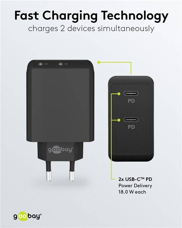Goobay 61757 USB-C™ PD Dual-Schnellladegerät (36 W) schwarz, schwarz - 2x USB-C™-Anschlüsse (Power Delivery)