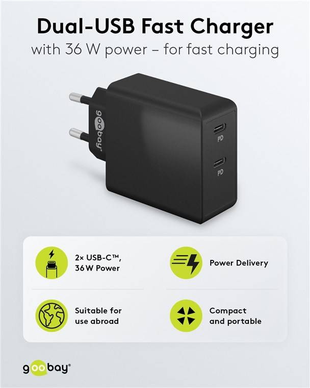 50x Goobay 61757 USB-C™ PD Dual-Schnellladegerät (36 W) schwarz, schwarz - 2x USB-C™-Anschlüsse (Power Delivery)