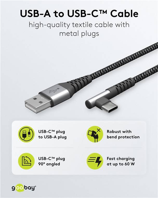 Goobay 64655 USB-C™-auf-USB-A-Textilkabel mit Metallsteckern (spacegrau/silber), 90°, 0,5 m, 0.5 m, schwarz-Grau - elegantes und extrarobustes USB-