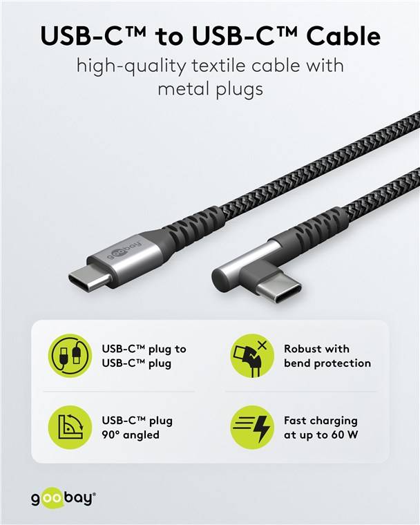 100x Goobay 64659 USB-C™-auf-USB-C™-Textilkabel mit Metallsteckern (spacegrau/silber), 90°, 1 m, 1 m, schwarz-Grau - elegantes und extrarobustes