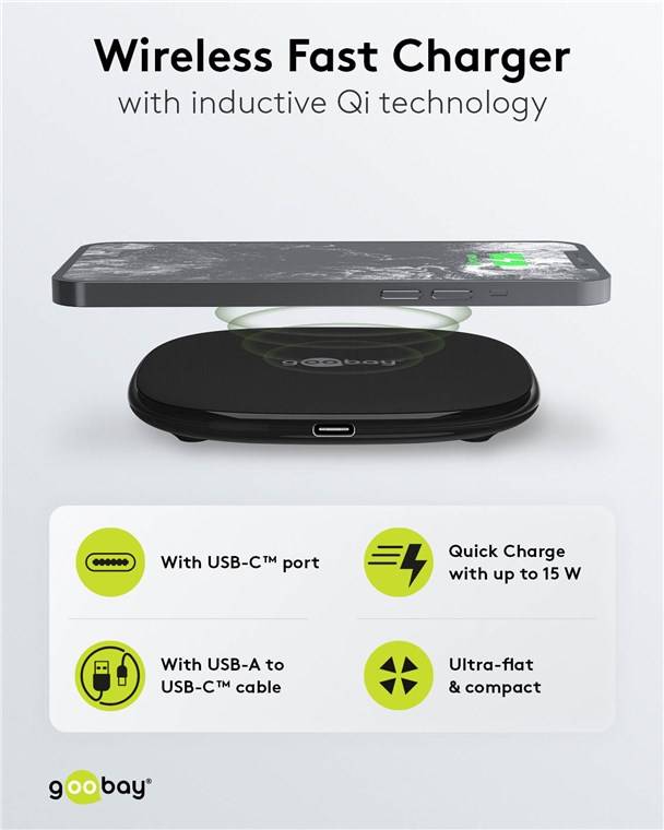 Goobay 64675 Kabelloses Schnellladegerät 15 W, schwarz, 1 m - geeignet für Smartphones und Geräte mit Qi-Standard