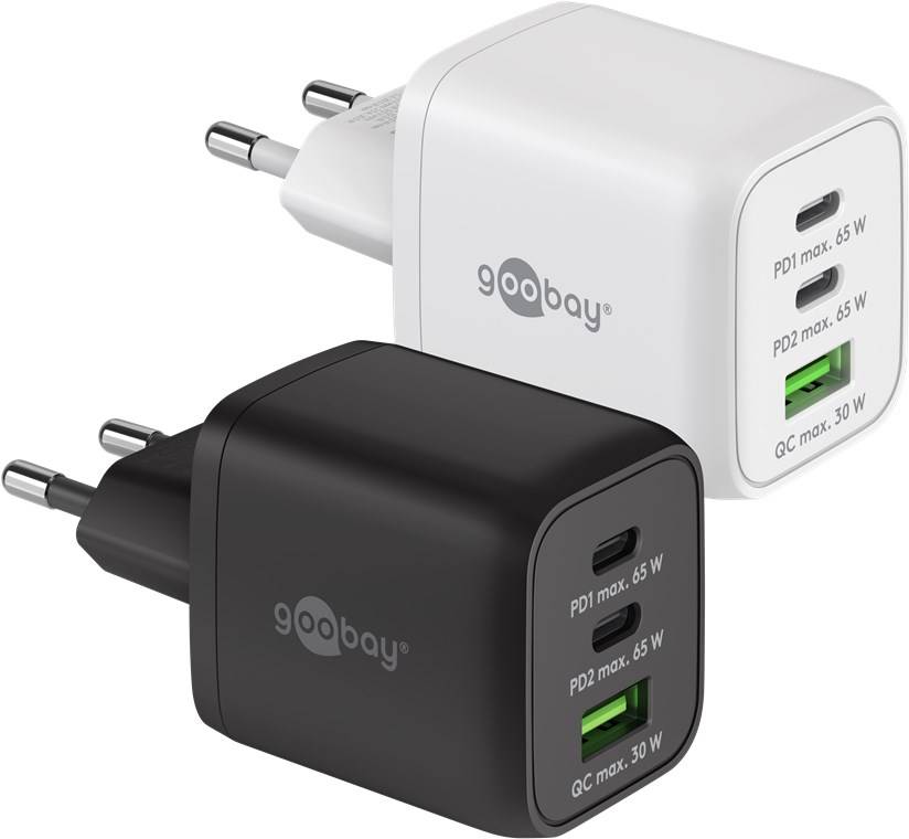 40x Goobay 64753 USB-C™ PD GaN Multiport-Schnellladegerät Nano (65 W) schwarz, schwarz - 2x USB-C™-Anschlüsse (Power Delivery) und 1x USB-A-Ansc