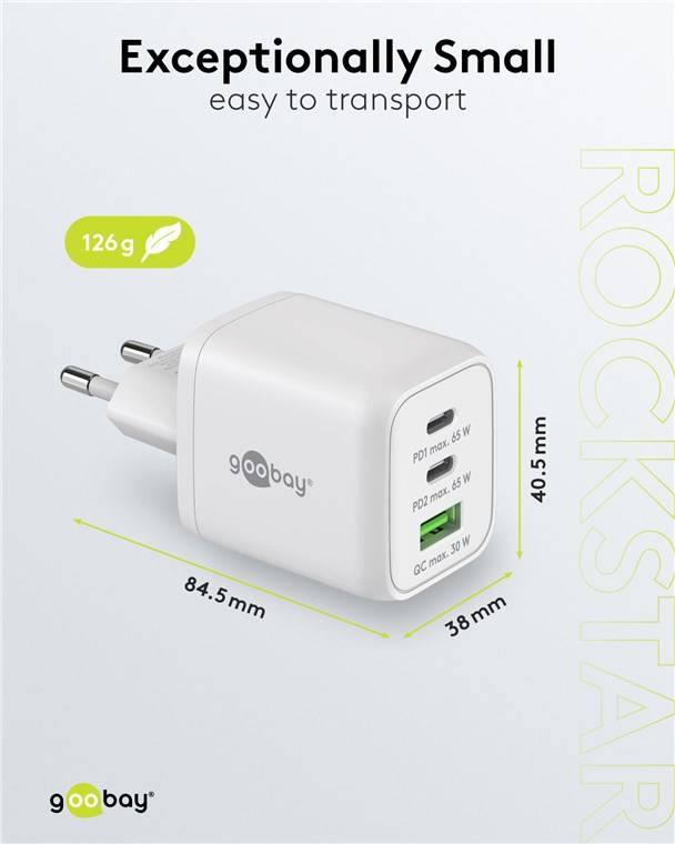 Goobay 64754 USB-C™ PD GaN Multiport-Schnellladegerät Nano (65 W) weiß, weiß - 2x USB-C™-Anschlüsse (Power Delivery) und 1x USB-A-Anschluss (Q