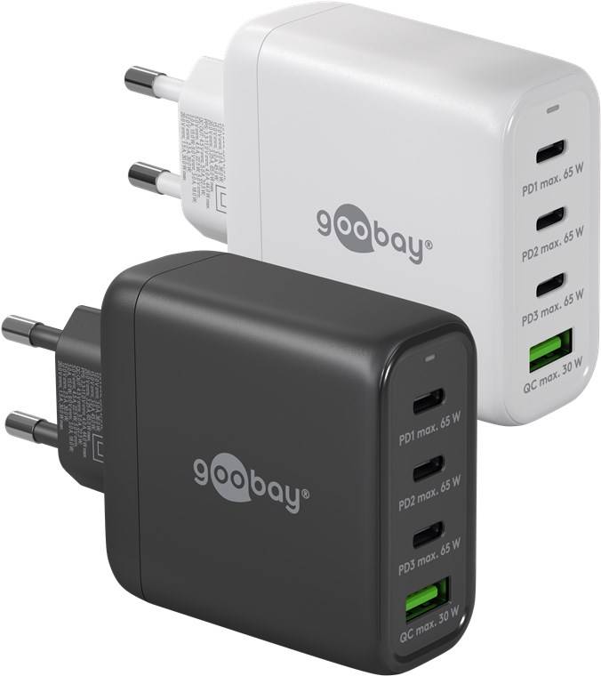 Goobay 64819 USB-C™ PD GaN Multiport-Schnellladegerät (68 W) schwarz, schwarz - 3x USB-C™-Anschlüsse (Power Delivery) und 1x USB-A-Anschluss (Qu