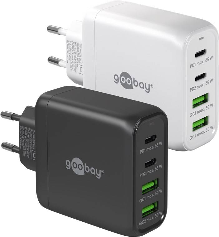 Goobay 64817 USB-C™ PD GaN Multiport-Schnellladegerät (68 W) schwarz, schwarz - 2x USB-C™-Anschlüsse (Power Delivery) und 2x USB-A-Anschlüsse (