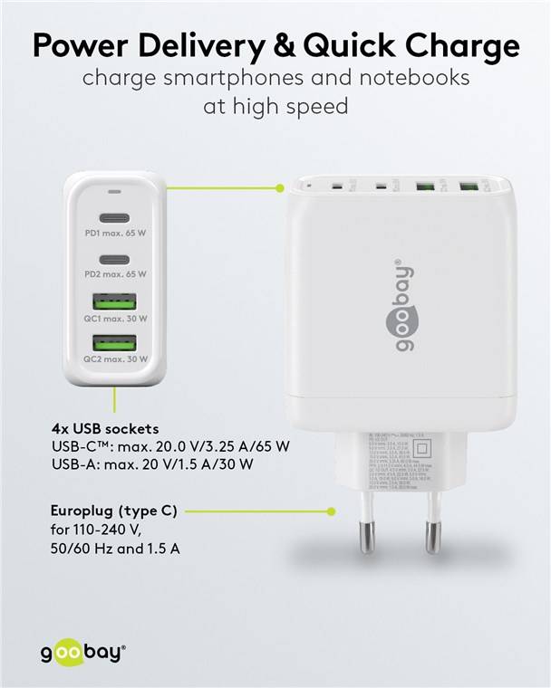 Goobay 64818 USB-C™ PD GaN Multiport-Schnellladegerät (68 W) weiß, weiß - 2x USB-C™-Anschlüsse (Power Delivery) und 2x USB-A-Anschlüsse (Quic