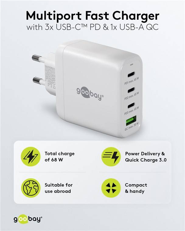 Goobay 64822 USB-C™ PD GaN Multiport-Schnellladegerät (68 W) weiß, weiß - 3x USB-C™-Anschlüsse (Power Delivery) und 1x USB-A-Anschluss (Quick
