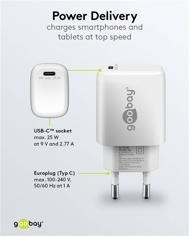 Goobay 65368 USB-C™ PD GaN Schnellladegerät (25 W) weiß, weiß - 1x USB-C™-Anschluss (Power Delivery)