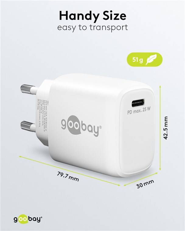 Goobay 65368 USB-C™ PD GaN Schnellladegerät (25 W) weiß, weiß - 1x USB-C™-Anschluss (Power Delivery)