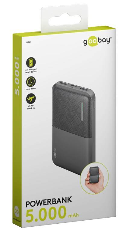 10x Goobay 64961 Powerbank 5.000 mAh, Schwarz, 0.2 m - 10 W, extrem kompakte Powerbank für die Stromreserve unterwegs