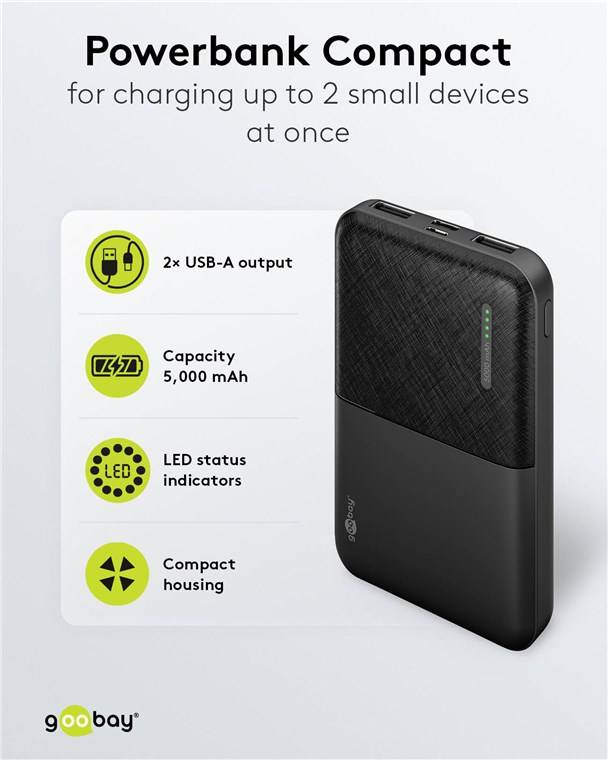 Goobay 64961 Powerbank 5.000 mAh, Schwarz, 0.2 m - 10 W, extrem kompakte Powerbank für die Stromreserve unterwegs