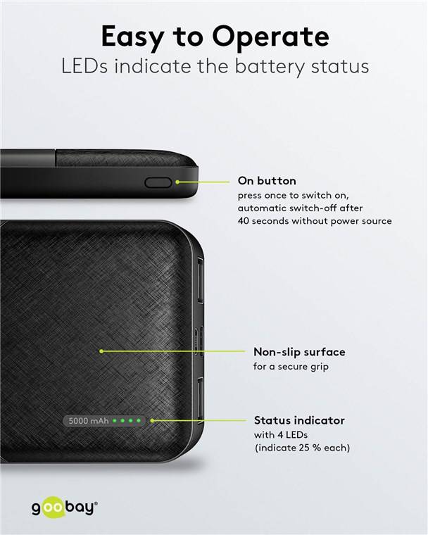 10x Goobay 64961 Powerbank 5.000 mAh, Schwarz, 0.2 m - 10 W, extrem kompakte Powerbank für die Stromreserve unterwegs