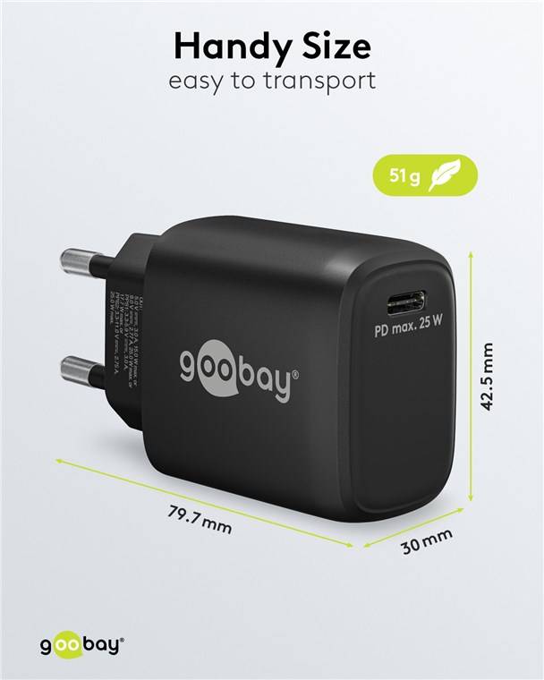 Goobay 65367 USB-C™ PD GaN Schnellladegerät (25 W) schwarz, schwarz - 1x USB-C™-Anschluss (Power Delivery)