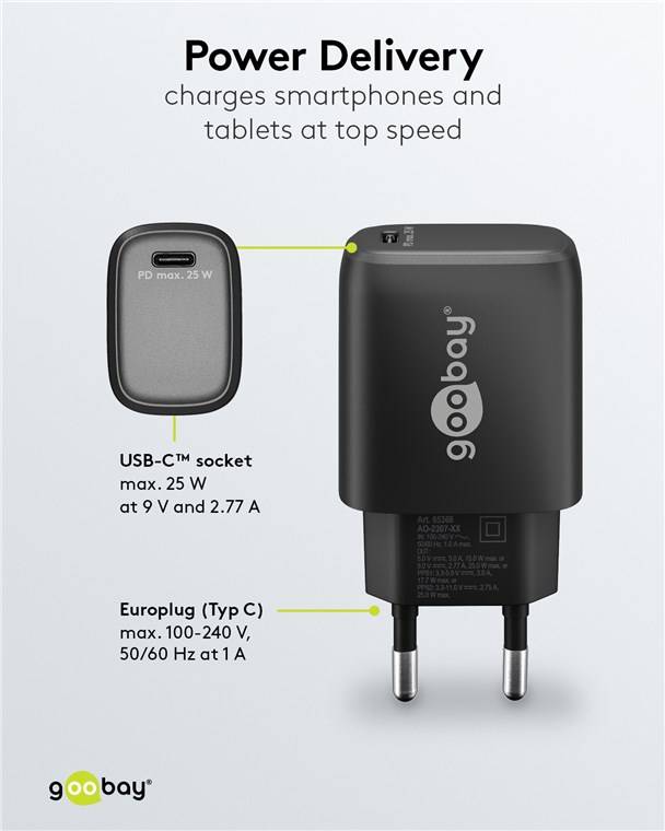 Goobay 65367 USB-C™ PD GaN Schnellladegerät (25 W) schwarz, schwarz - 1x USB-C™-Anschluss (Power Delivery)