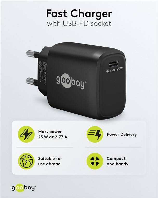 Goobay 65367 USB-C™ PD GaN Schnellladegerät (25 W) schwarz, schwarz - 1x USB-C™-Anschluss (Power Delivery)