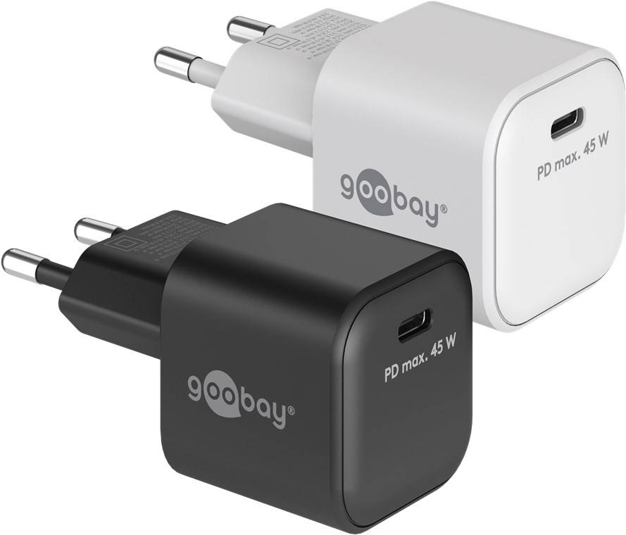 60x Goobay 65331 USB-C™ PD GaN Schnellladegerät Nano (45 W) schwarz, schwarz - 1x USB-C™-Anschluss (Power Delivery)
