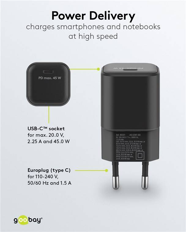 60x Goobay 65331 USB-C™ PD GaN Schnellladegerät Nano (45 W) schwarz, schwarz - 1x USB-C™-Anschluss (Power Delivery)