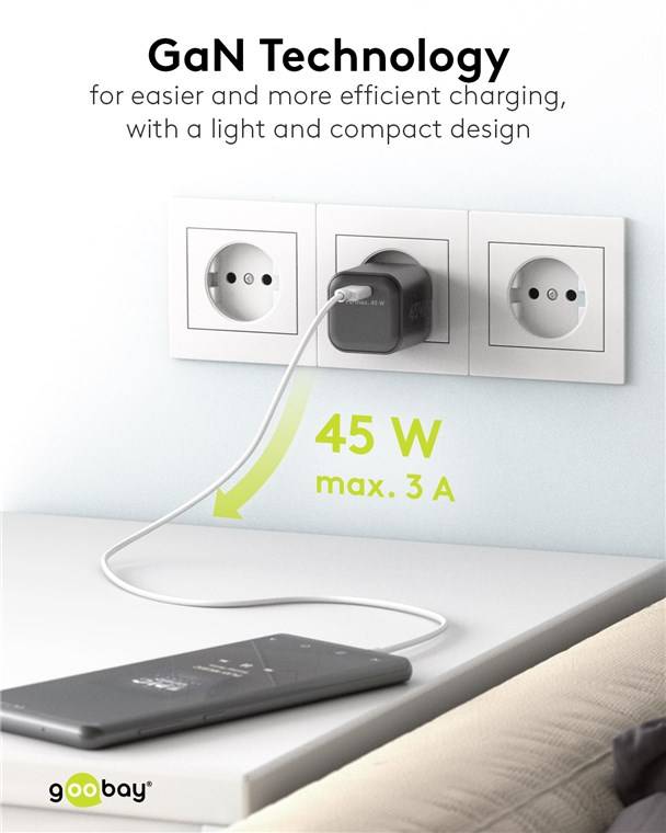 Goobay 65331 USB-C™ PD GaN Schnellladegerät Nano (45 W) schwarz, schwarz - 1x USB-C™-Anschluss (Power Delivery)
