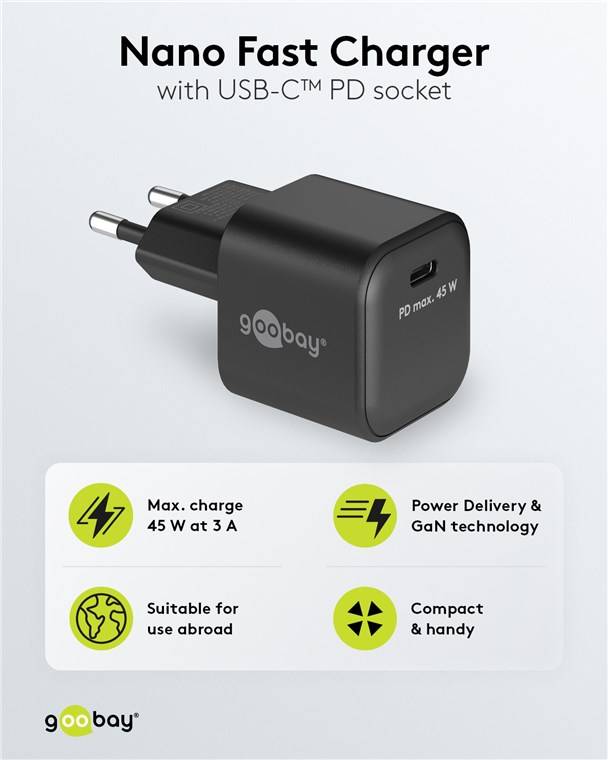 60x Goobay 65331 USB-C™ PD GaN Schnellladegerät Nano (45 W) schwarz, schwarz - 1x USB-C™-Anschluss (Power Delivery)