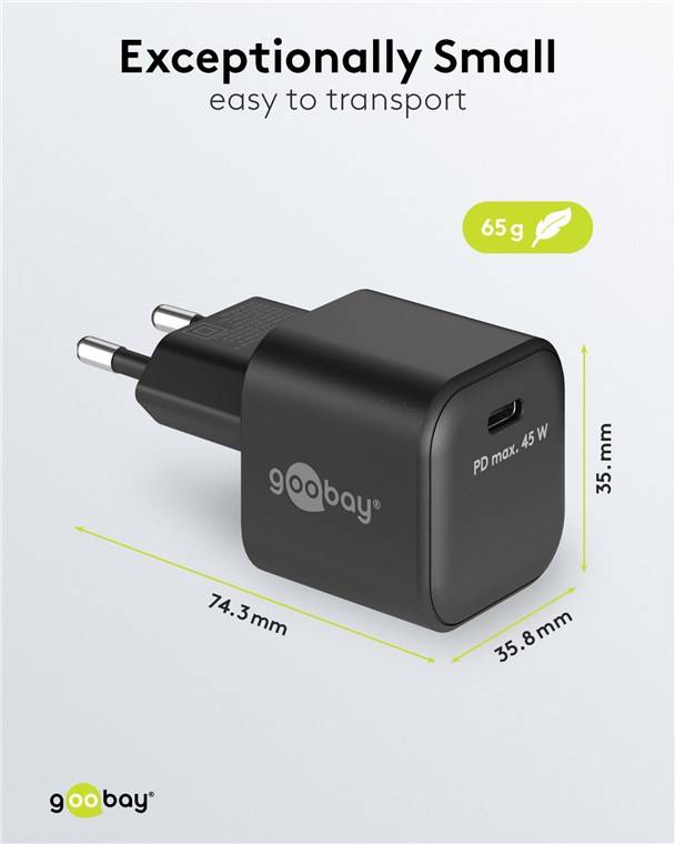 60x Goobay 65331 USB-C™ PD GaN Schnellladegerät Nano (45 W) schwarz, schwarz - 1x USB-C™-Anschluss (Power Delivery)