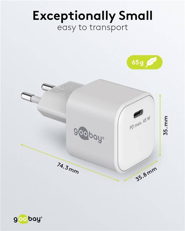 60x Goobay 65332 USB-C™ PD GaN Schnellladegerät Nano (45 W) weiß, weiß - 1x USB-C™-Anschluss (Power Delivery)