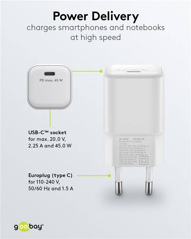 Goobay 65332 USB-C™ PD GaN Schnellladegerät Nano (45 W) weiß, weiß - 1x USB-C™-Anschluss (Power Delivery)