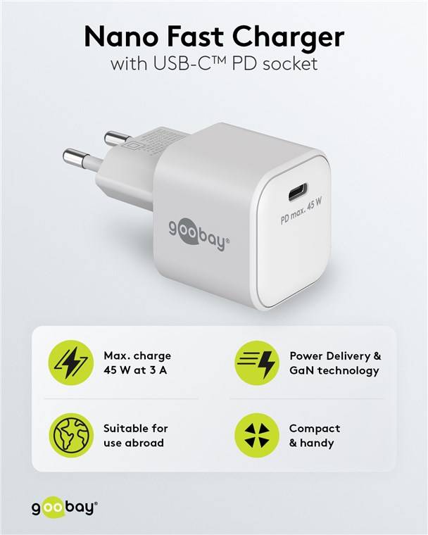 60x Goobay 65332 USB-C™ PD GaN Schnellladegerät Nano (45 W) weiß, weiß - 1x USB-C™-Anschluss (Power Delivery)