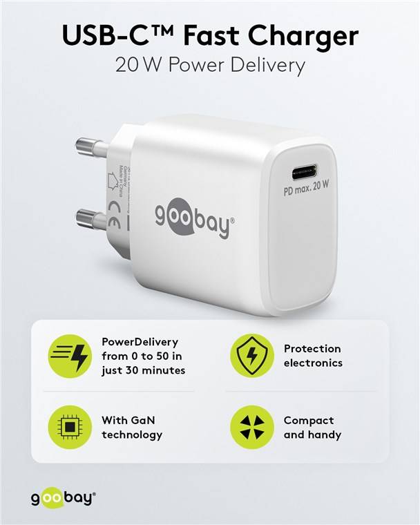 50x Goobay 65406 USB-C™ PD GaN Schnellladegerät (20 W) weiß, Weiß - 1x USB-C™-Anschluss (Power Delivery)