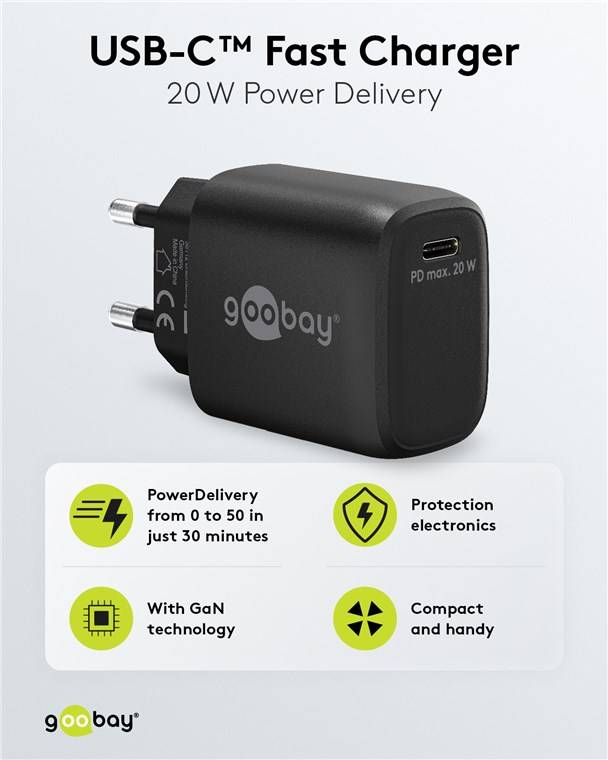 50x Goobay 65405 USB-C™ PD GaN Schnellladegerät (20 W) schwarz, schwarz - 1x USB-C™-Anschluss (Power Delivery)
