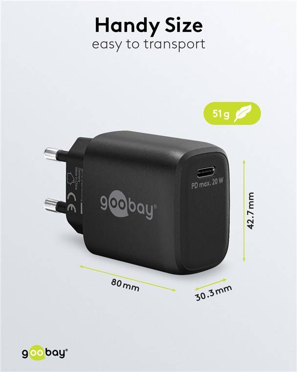 Goobay 65405 USB-C™ PD GaN Schnellladegerät (20 W) schwarz, schwarz - 1x USB-C™-Anschluss (Power Delivery)