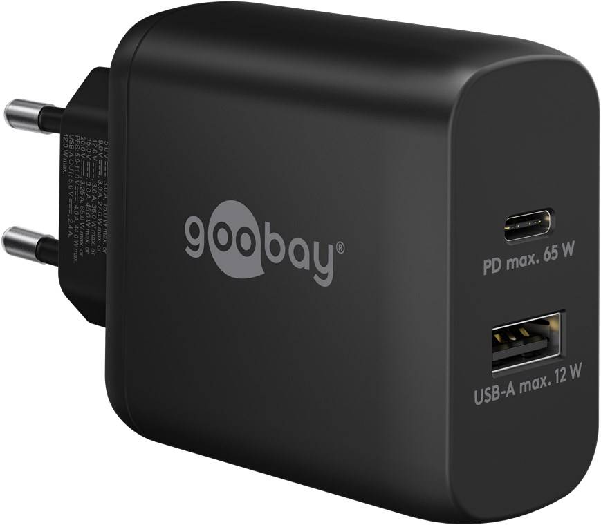 Goobay 65409 USB-C™ PD GaN Dual-Schnellladegerät (65 W) schwarz, schwarz - 1x USB-C™-Anschluss (Power Delivery) und 1x USB-A-Anschluss