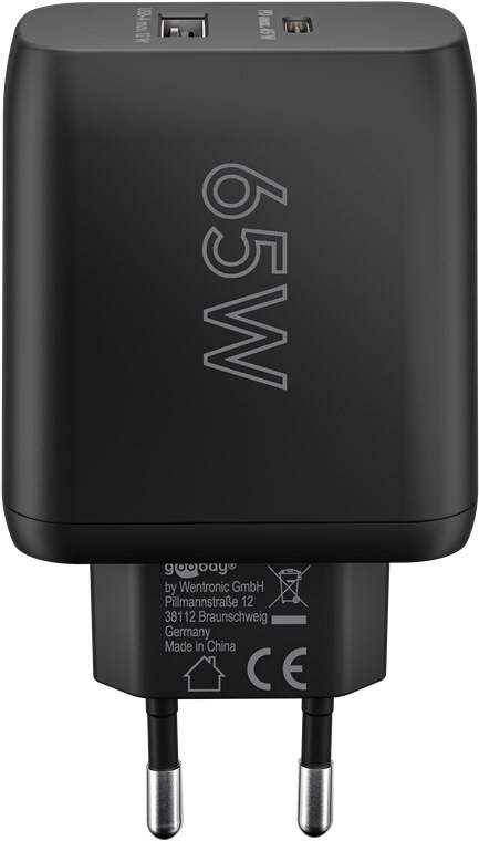 Goobay 65409 USB-C™ PD GaN Dual-Schnellladegerät (65 W) schwarz, schwarz - 1x USB-C™-Anschluss (Power Delivery) und 1x USB-A-Anschluss