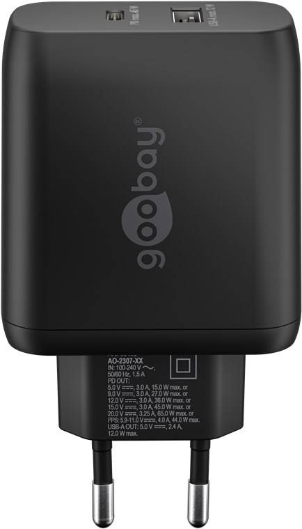 Goobay 65409 USB-C™ PD GaN Dual-Schnellladegerät (65 W) schwarz, schwarz - 1x USB-C™-Anschluss (Power Delivery) und 1x USB-A-Anschluss
