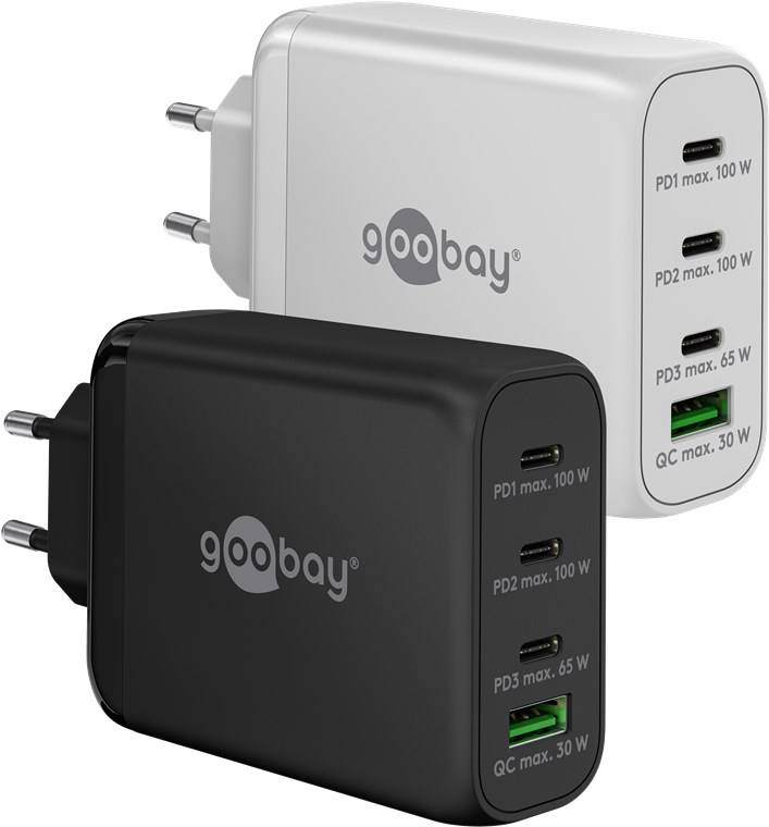 30x Goobay 65555 USB-C™ PD GaN Multiport-Schnellladegerät (100 W) schwarz, schwarz - 3x USB-C™-Anschlüsse (Power Delivery) und 1x USB-A-Anschlus