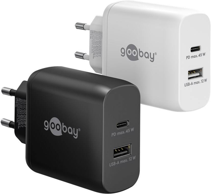 50x Goobay 65411 USB-C™ PD GaN Dual-Schnellladegerät (45 W) schwarz, schwarz - 1x USB-C™-Anschluss (Power Delivery) und 1x USB-A-Anschluss