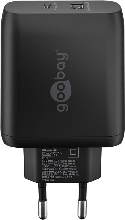 50x Goobay 65411 USB-C™ PD GaN Dual-Schnellladegerät (45 W) schwarz, schwarz - 1x USB-C™-Anschluss (Power Delivery) und 1x USB-A-Anschluss