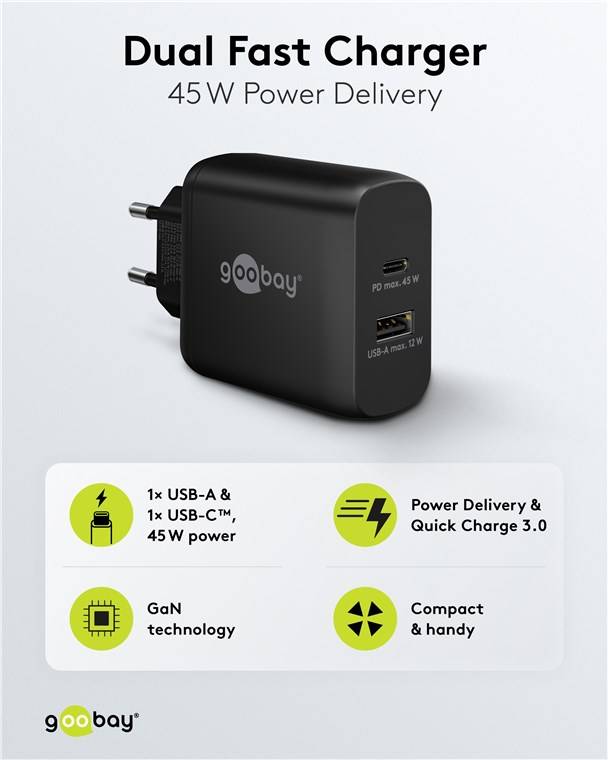 Goobay 65411 USB-C™ PD GaN Dual-Schnellladegerät (45 W) schwarz, schwarz - 1x USB-C™-Anschluss (Power Delivery) und 1x USB-A-Anschluss
